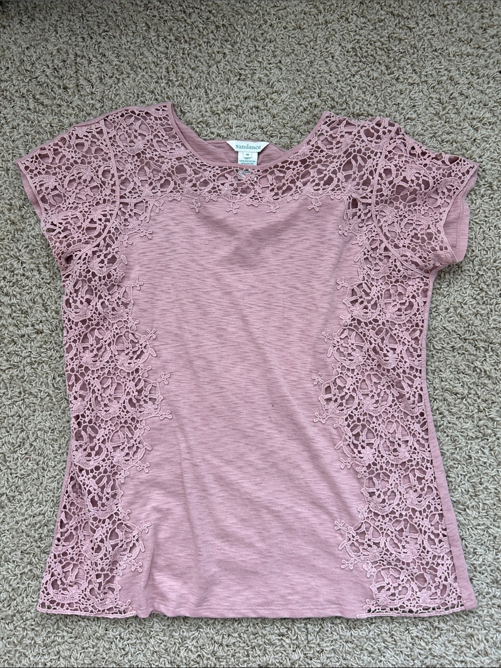 Sundance Dusty Rose Lace-Trim Short Sleeve Top SZ M